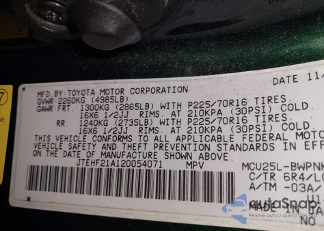 2002 Toyota Highlander Limited V6 z USA, uszkodzony, nr VIN JTEHF21A120054071